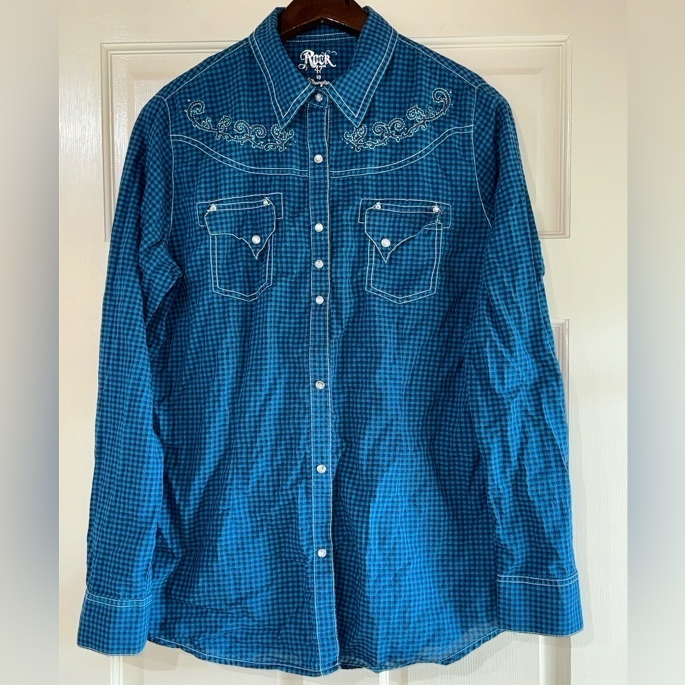 Rock 47 WRANGLER - Jeweled Cow Skull Long Sleeve Button Up - Size Large